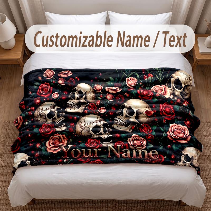 Skull Gothic Theme Soft Blanket Personalized Custom Name Text Print Warm Blanket Home Sofa Bedroom Decor