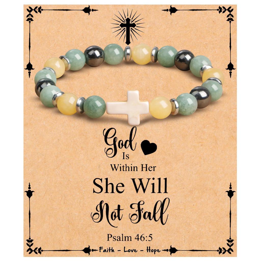 Emperor Stone Pink Zebra Beaded Bracelet with Cross Charm