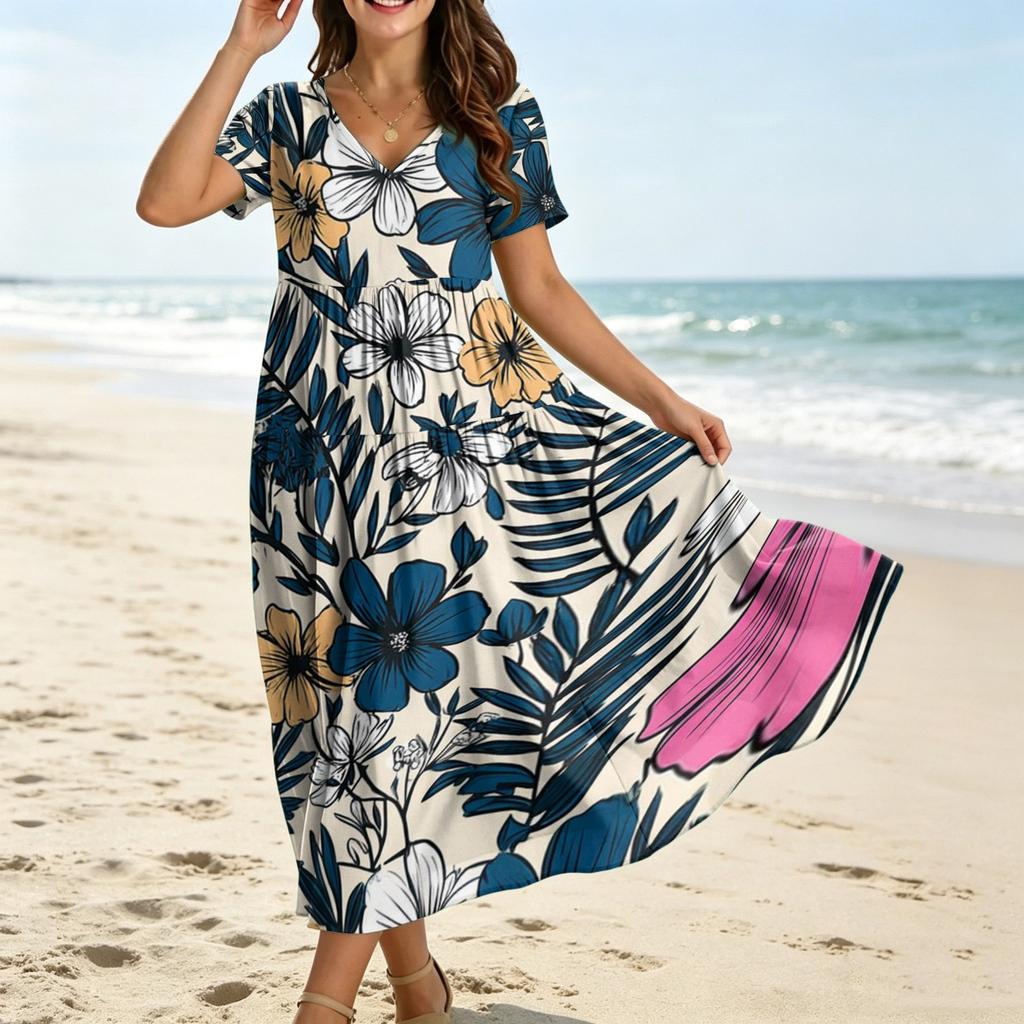 Robe longue à fleurs style bohémien pour femmes, décontractée, ample, manches courtes, longue, Maxi, robe de plage, été