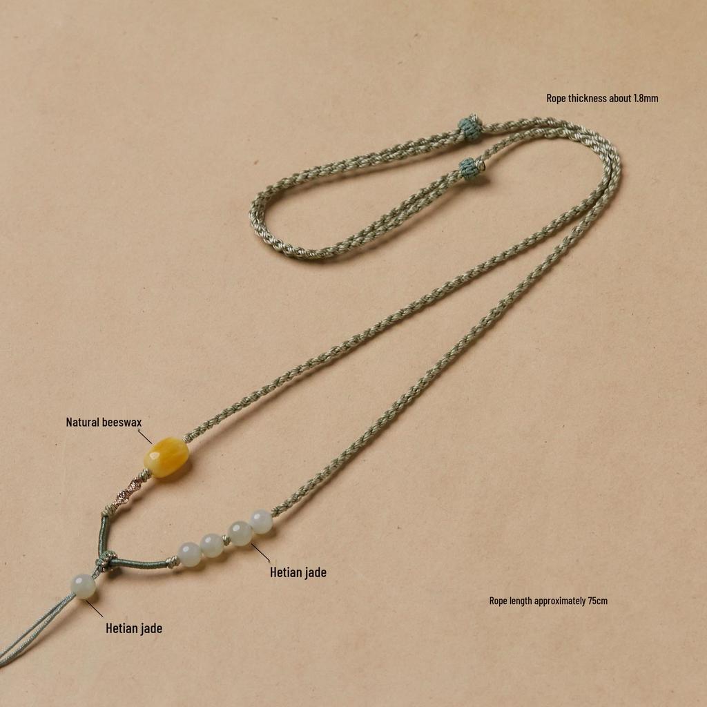 Handcrafted Hetian Jade Pendant Necklace with Adjustable Woven Lanyard