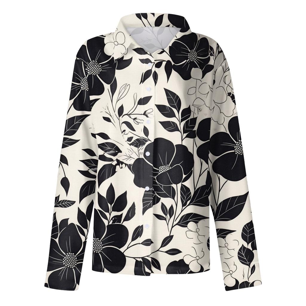 Dámská košile s knoflíky s květinovým potiskem, ležérní top s dlouhým rukávem a klasickým límečkem