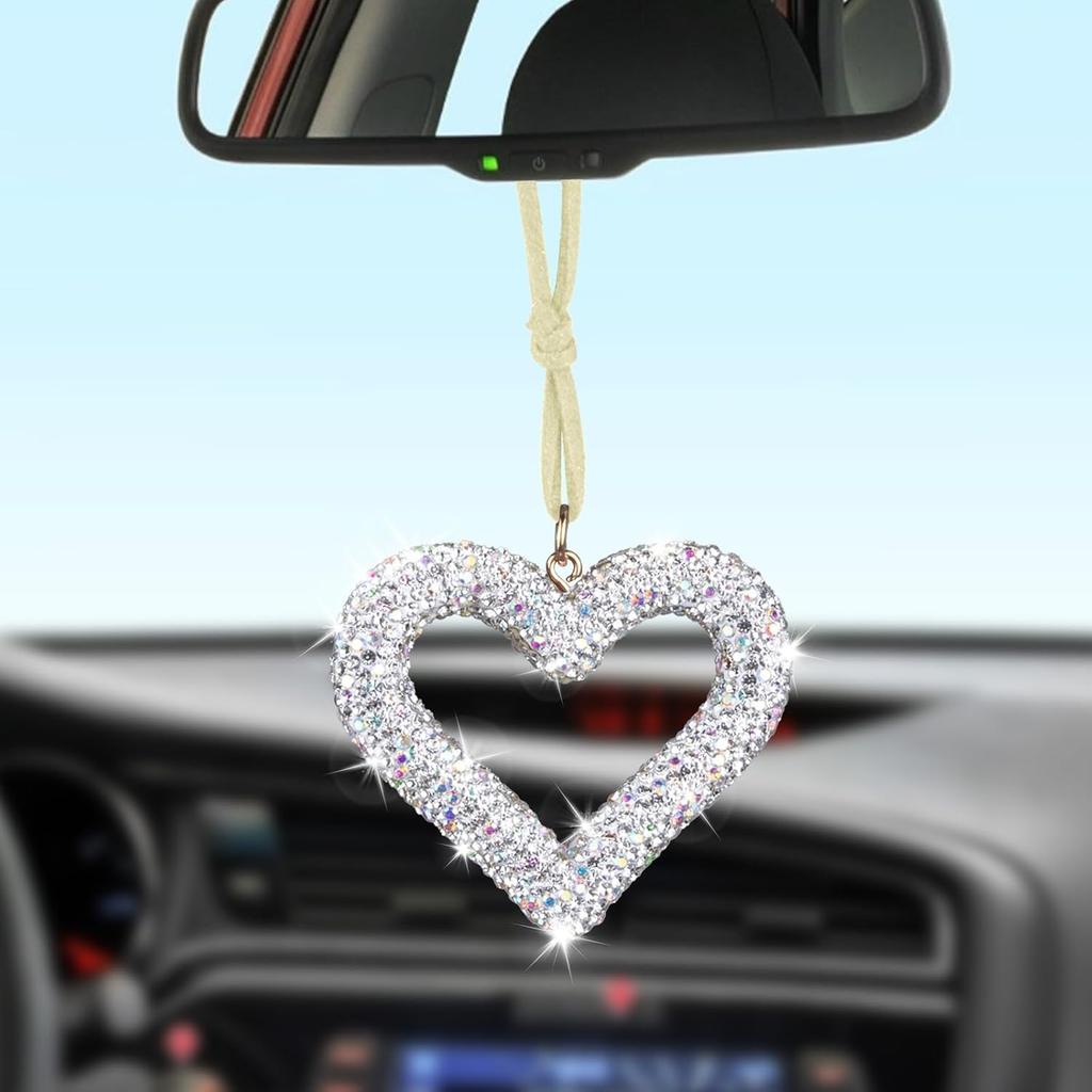 Bling Heart Car Hanging Accessories, Bling Rear View Mirror Accessories, Universal Bling Heart Diamond Car Accessories for Cars, Trucks, SUVs