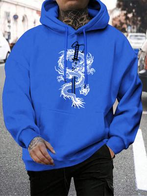 Draken Omsluten Runt Kniven Tryck Herr Huvtröjor Fleece Lös Streetwear Mjuk Allt-Match Pullover Flerfärgad Hip Hop Huvtröja