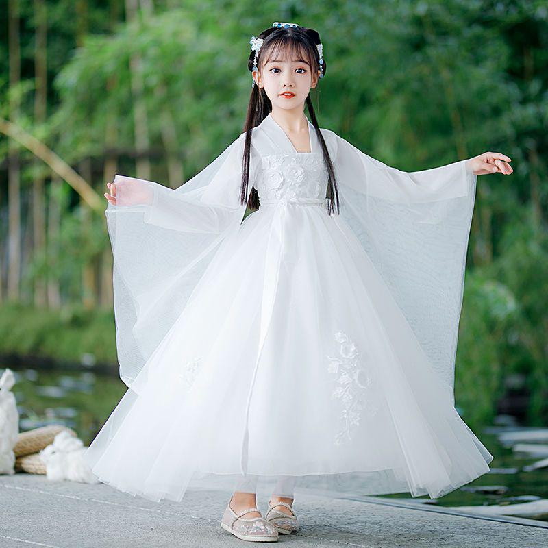 White Hanfu for Girls: Summer Children's Ancient Costume - Spring/Autumn Improved Ruqun Style 2026