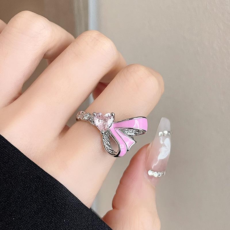 

Bow Pink Water Drop Opening Ring Personality Light Luxury High Sense Fashion Trend Temperament Ring Elegant Jewelry Adjustable opening