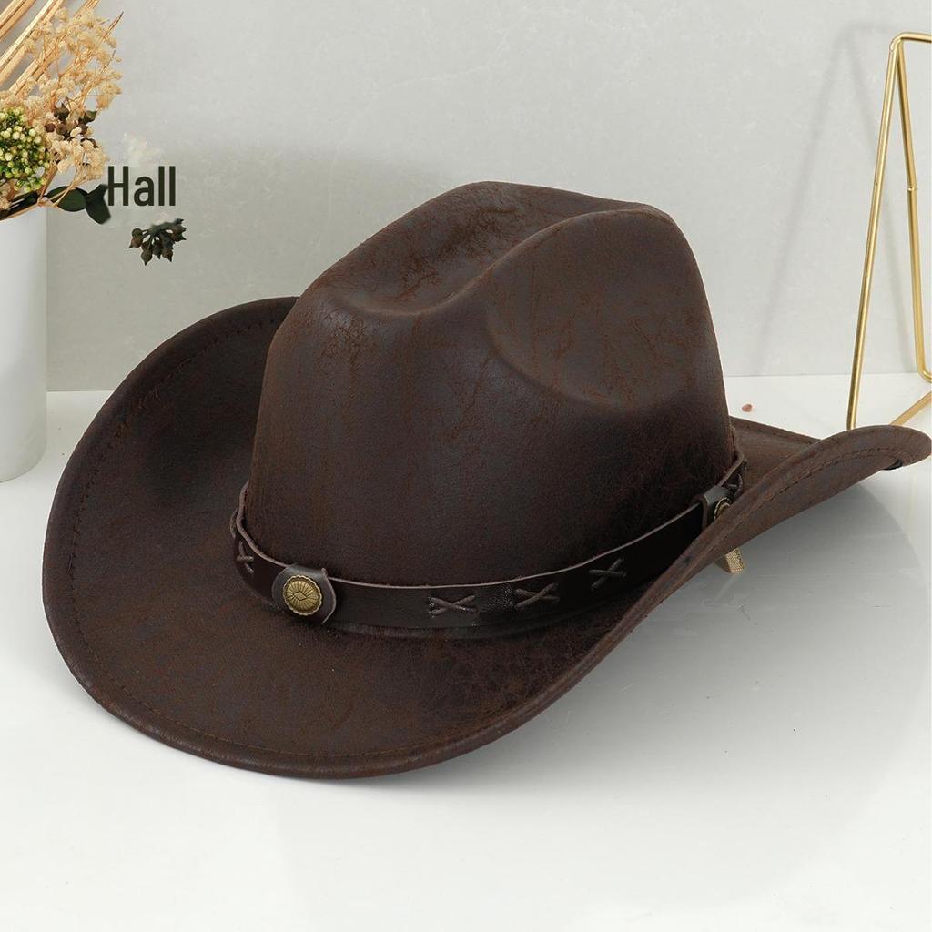 Unisex westernové kovbojské klobouky: Kovové kulaté a boční vzory s přezkovým páskem, ideální na večírky a cestování u táboráku