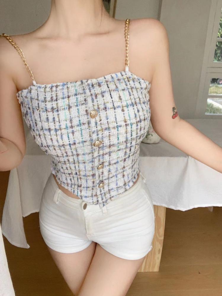 Plaid Tank Top Solid Metal Chain Halter Crop Tops Women Summer Camis Backless Camisole Fashion Casual Tube Female Sleeveless Cropped Vest Y2K