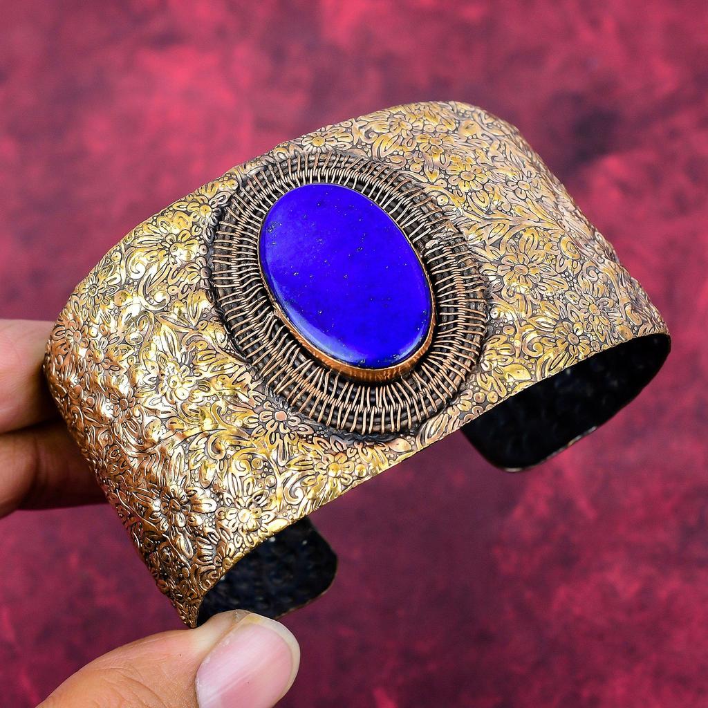 Lapis Lazuli Bangle Gemstone Copper Wire Wrapped Cuff Bracelet Handmade Jewelry Adjustable Bangle Copper Jewelry Gifts for Him Decent Bangle