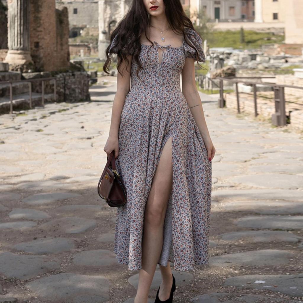 Sommer Damen Französisches Frisches Florales Midi-Kleid, Quadratischer Ausschnitt Kurzarm Lässiges Kleid für Europäische Amerikanische Damen