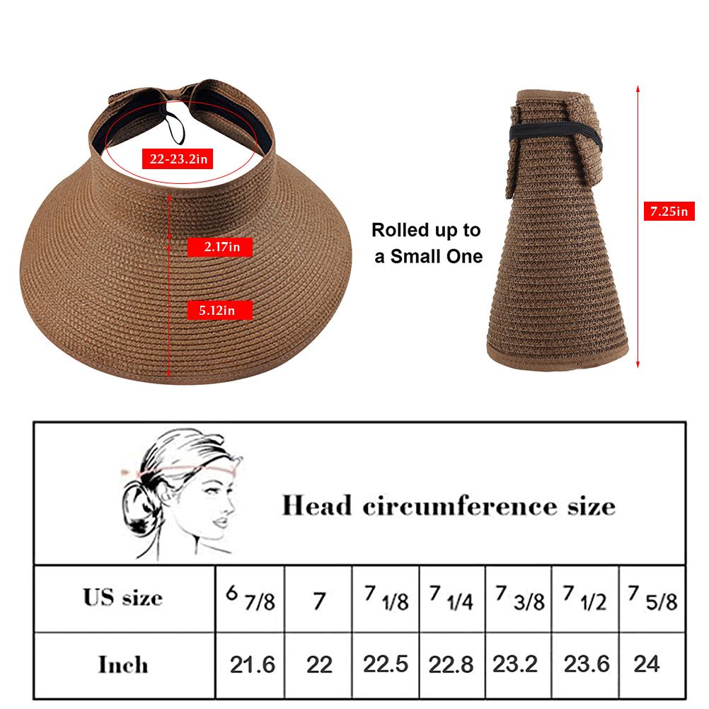 Women Sun Visors Hat Wide Brim Foldable Roll Up Beach Straw Sun Hat