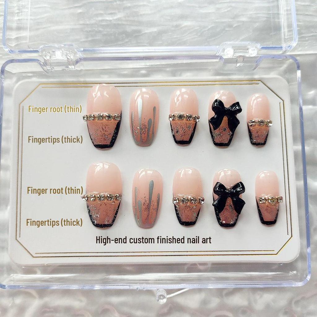 French Black Bow Quicksand Removable Fake Nail Set