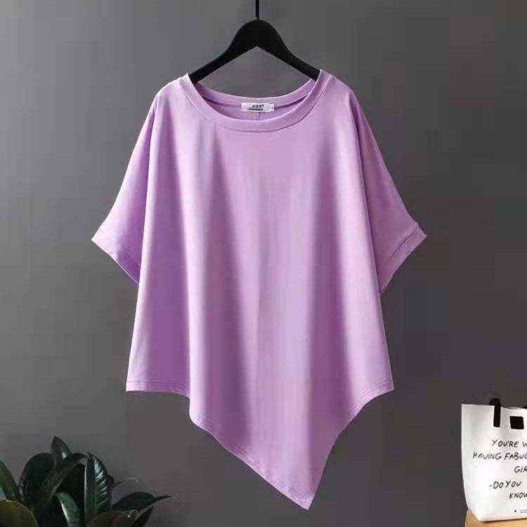 Maglione T-shirt Irregolare Manica Corta Donna Girocollo Bat Seta di Ghiaccio Coreano Taglia Larga Orlo Diagonale Top