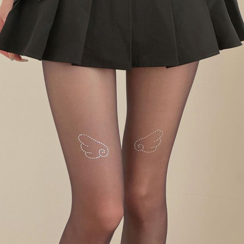 Women's Sweet Ultra-Thin Sheer Pantyhose Stockings Aesthetic Glittering Rhinestones Wing See-Through Tights Leggings
