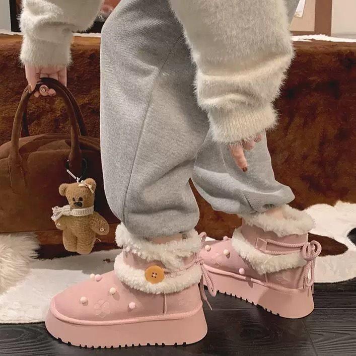 Snow Boots Women's Fleece Thickened New Thick Warm Northeast Cotton Shoes Winter Fluff 2025 Thick Soles Cute