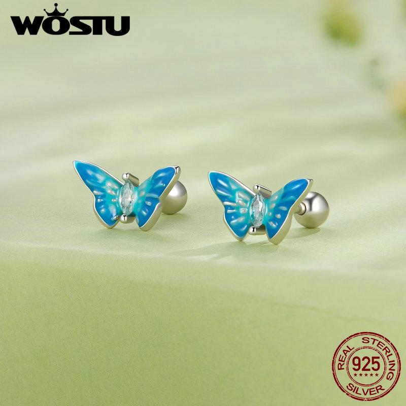 

WOSTU настоящие серьги-гвоздики из стерлингового серебра 925 пробы с радужной бабочкой и эмалью, специальный подарок для девочек 925 silver