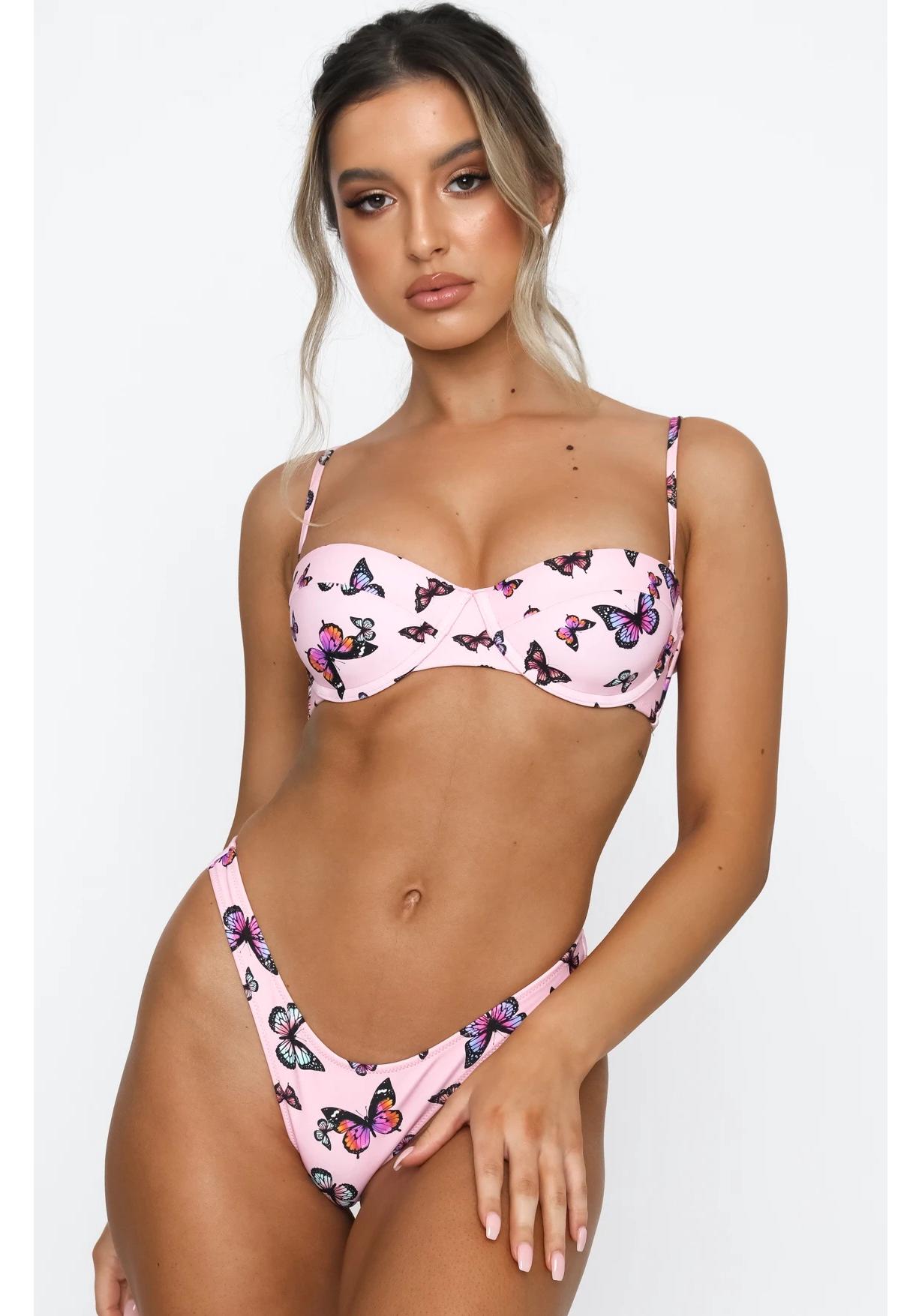 2021 Damen Push-Up Bikini mit Bügel und Schmetterlingsmuster S brown