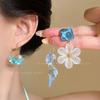 New blue flower fringed earrings, fresh niche design studs, women's summer vacation earrings