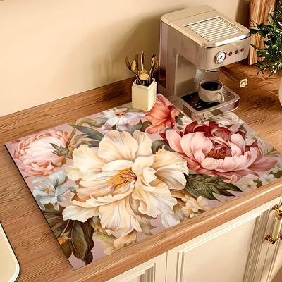 1 Pezzo Tappetino Asciugatura Piatti Gomma Stampa Floreale Rosa Per Negozio di Caffè Ristorante Cucina Tappeto Stoviglie Durevole Diatomea Tappetino Tavolo Tappetino per Animali Domestici Tazze da Caffè
