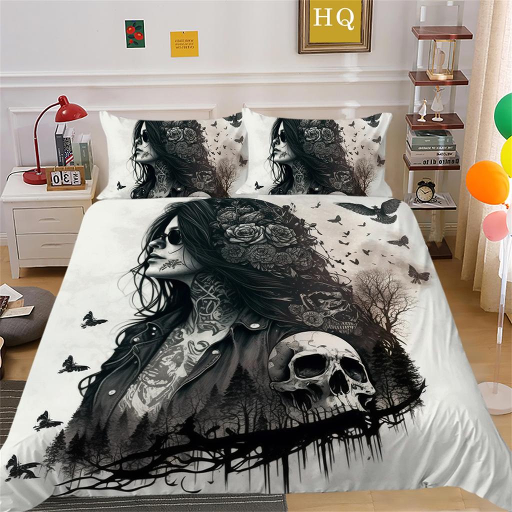 3D Beauty Skull Head Bedding Set Motorcycle Beauty Print Bedroom Decoration Quilt Cover and Pillow Cover 2/3 Pieces White Background Home Decoration