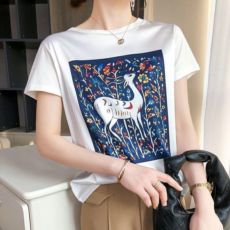 

New Summer Ice Silk Spliced Short-sleeved T-shirt for Women Temperament Korean Loose Slim Top XXXL синій