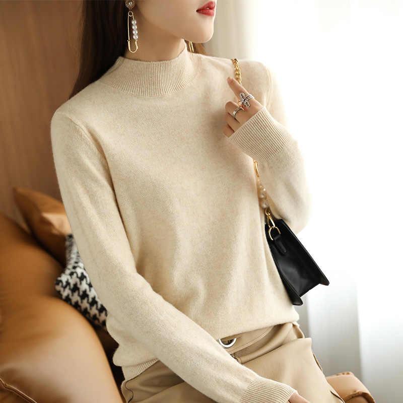 Elegante suéter de cuello alto medio para mujer, primavera, otoño e invierno, fino de manga larga, negro, camisa básica de punto para mujer