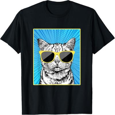 Tabby Cat Portrait Pop Art Cat with Sunglasses T-Shirt for Men Women Kids