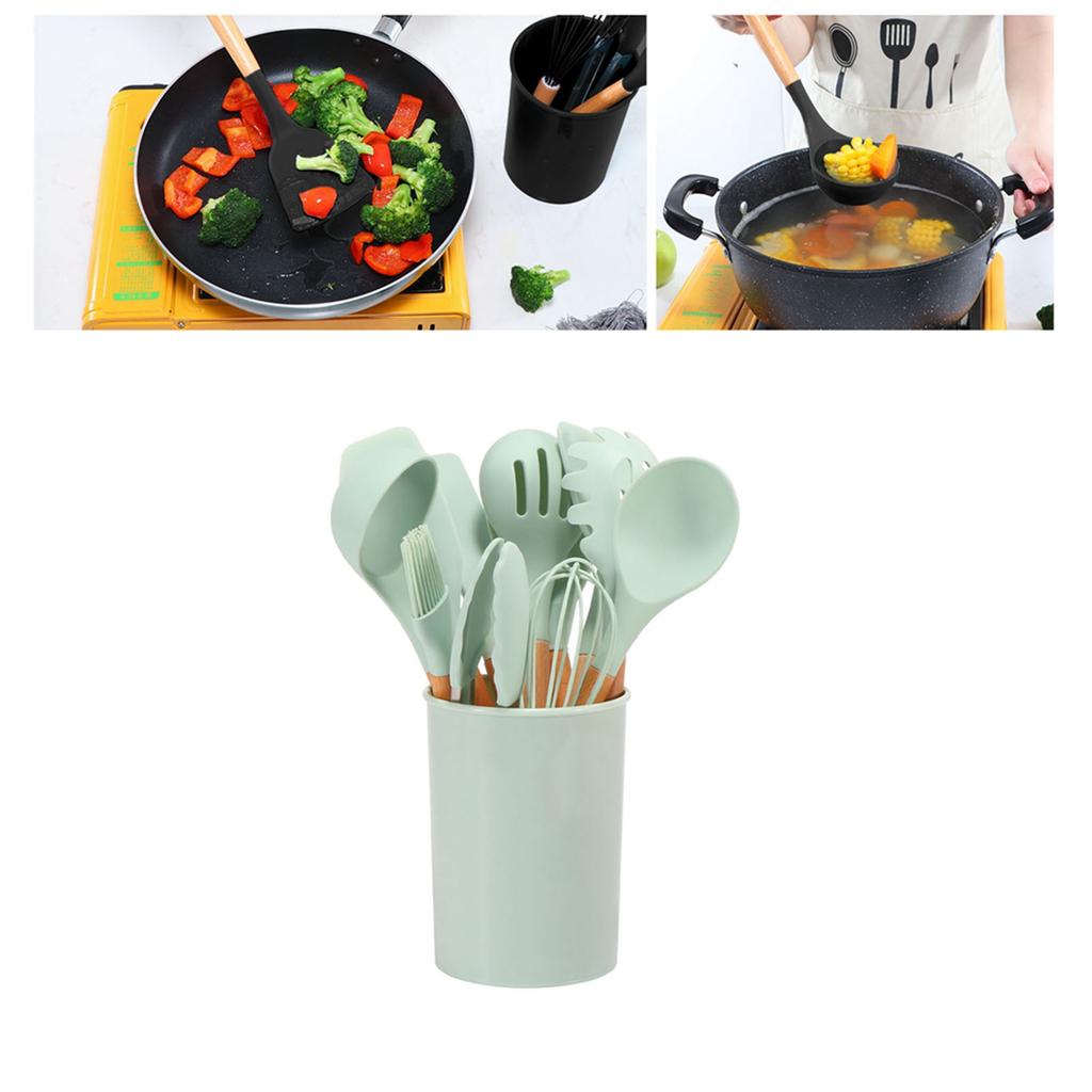 11 Pcs Silicone Kitchenware Set Heat Proof Wooden Handle Kitchen Utensils Set with Storage Bucket