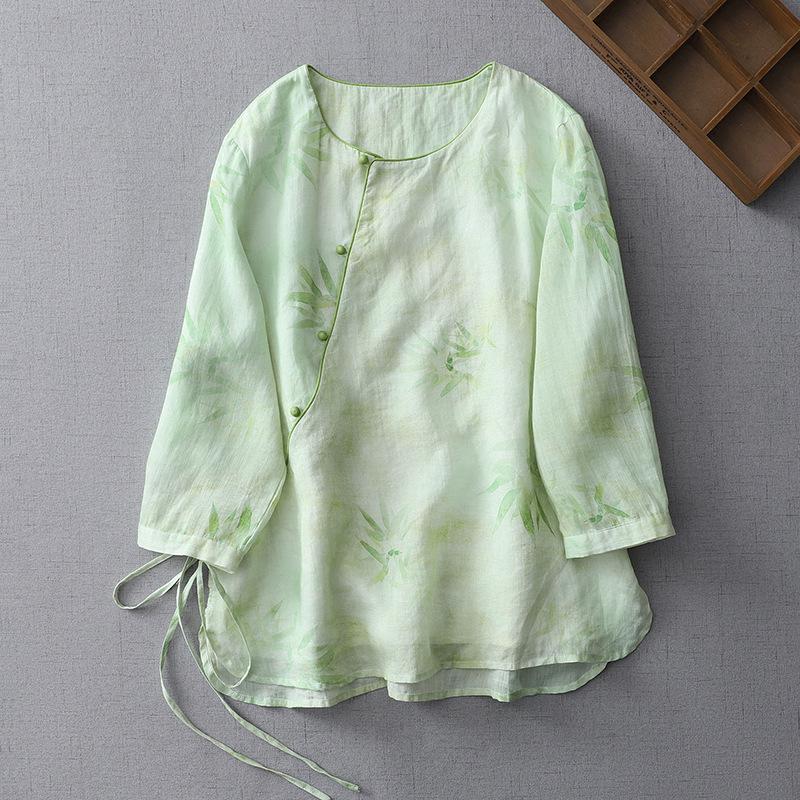 Chinese Retro Floral Oblique Collar Seven-Sleeve Shirt - Artistic Women s Spring/Summer Loose Top Medium светло-зеленый