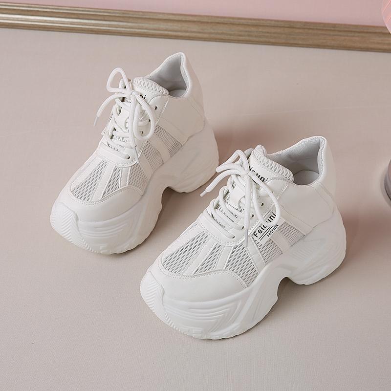Fashion 7.5CM Women Platform Sneakers Lace-up Autumn Sports Dad Shoes High Top Chunky Casual Shoes Woman Thick Bottom Mesh White Shoes