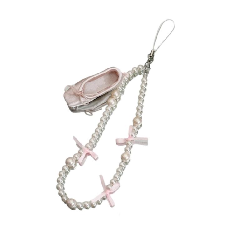 Sweet Bowknot Ballet Shoes Anti-lost Strap Crystal Pearl Beaded Phone Chains