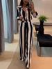 European & American Autumn Casual Black & White Striped Button Pocket Shirt and Wide-Leg Pants Set