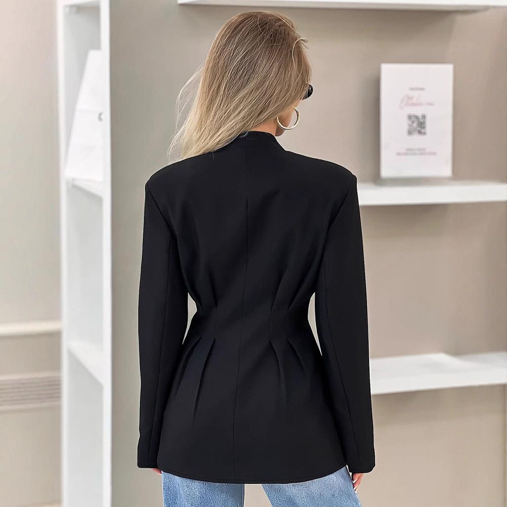 Damen Schwarzer Plissierter V-Ausschnitt Figurbetonter Blazer