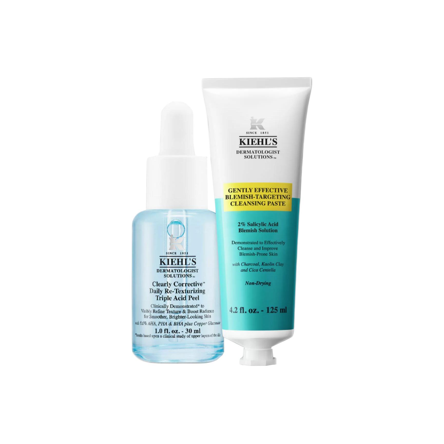 Kiehl s Gently Effective Blemish-Treating Cleansing Paste And Clearly Corrective™ Daily Re-texturizing Triple Acid Peel Set Cleanser 125ml + Serum 30m