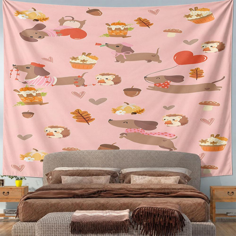 Cute Dachshund and Hedgehog Autumn Scene Pattern Wall Hanging Tapestry Decorative Tapestry Home Decor for Bedroom and Living Room