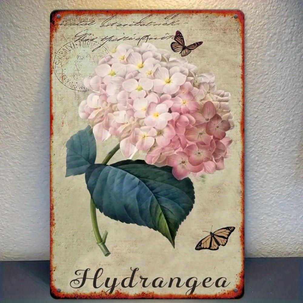 Vintage Metal Tin Sign Pink Hydrangea Butterfly Floral Wall Art 20x30cm
