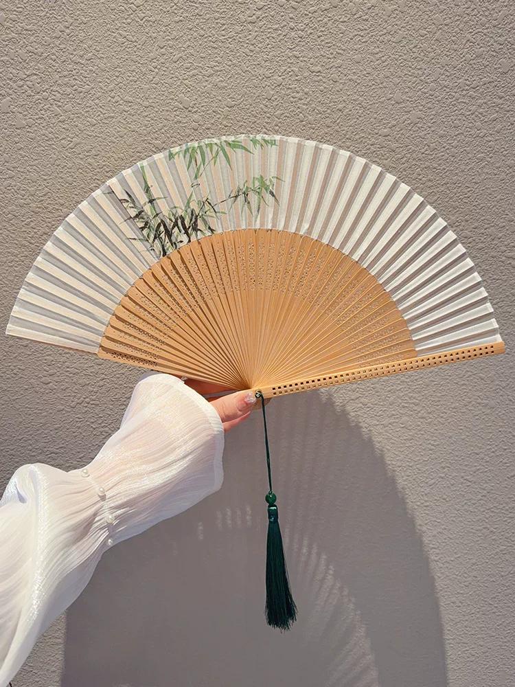 Traditional Chinese Folding Fan with Hanfu and Qipao Design, Classical Cooling Fan, Portable 6inch Fan Blades, New Chinese Style Bamboo Fan