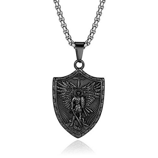Saint Michael Archangel Stainless Steel Pendant Men's Necklace - Warrior Angel with Sword and Shield