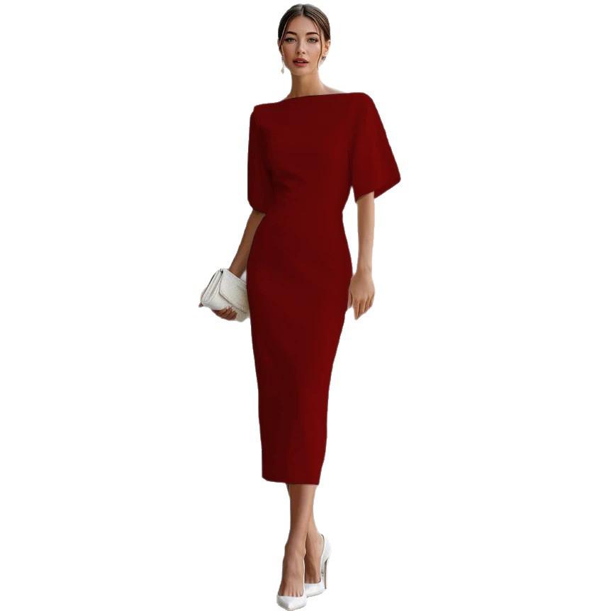 European and American summer new elegant commuter solid color one-word collar women's dress