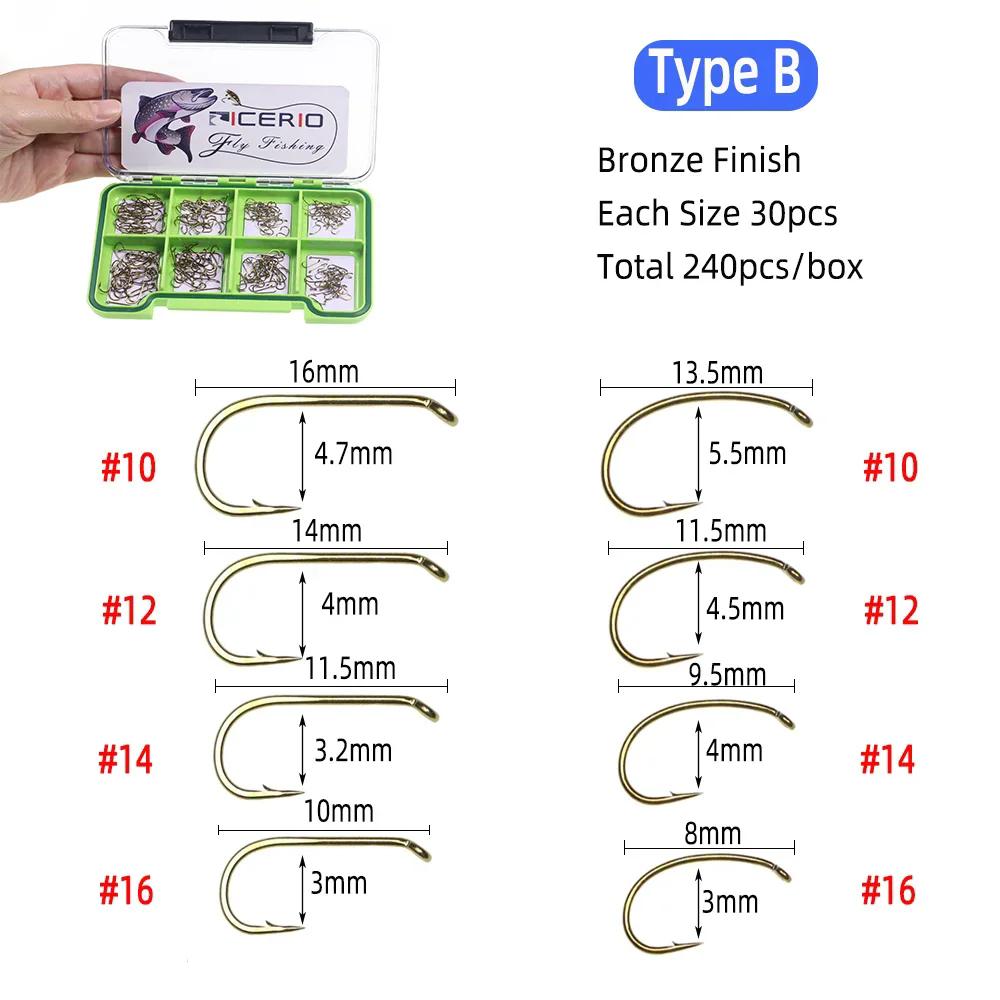 

240 шт., набор крючков для вязания мушек, крючок с колючкой, сухой рыболовный крючок Адамса, изогнутый крючок для нимфы, ручейника, куколки креветок с коробкой