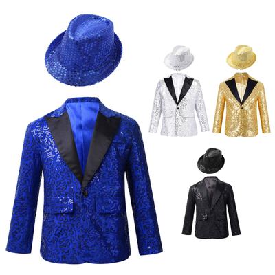 Eleganter Tanzanzug für Jungen, glänzende Pailletten-Reversjacke mit Fedora-Hut für Bankettauftritte