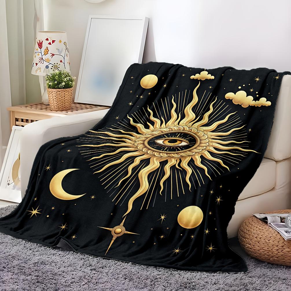 1pc Bohemian Sun & Celestial Fleece Blanket - Black & Golden All-Season Luxury Throw, Soft Breathable 100% Polyester with HD Dig