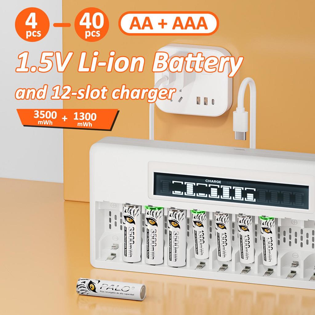 PALO 4-40 ks dobíjecích AA+AAA 1,5V Li-ion baterií 3500+1300 mWh HR6 HR03 baterie s 12 sloty LCD USB 1,5V Li-ion nabíječka baterií