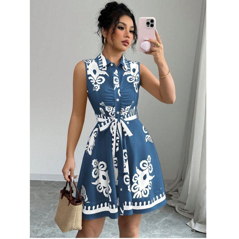 Cross-Border Western Style Summer New Lapel Single-Breasted Strap Waist Hugging Print Sleeveless Vest Dress Dress