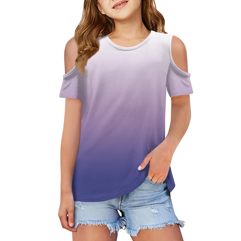 Children summer fashion T-shirt dew shoulder round collar gradient leisure coat