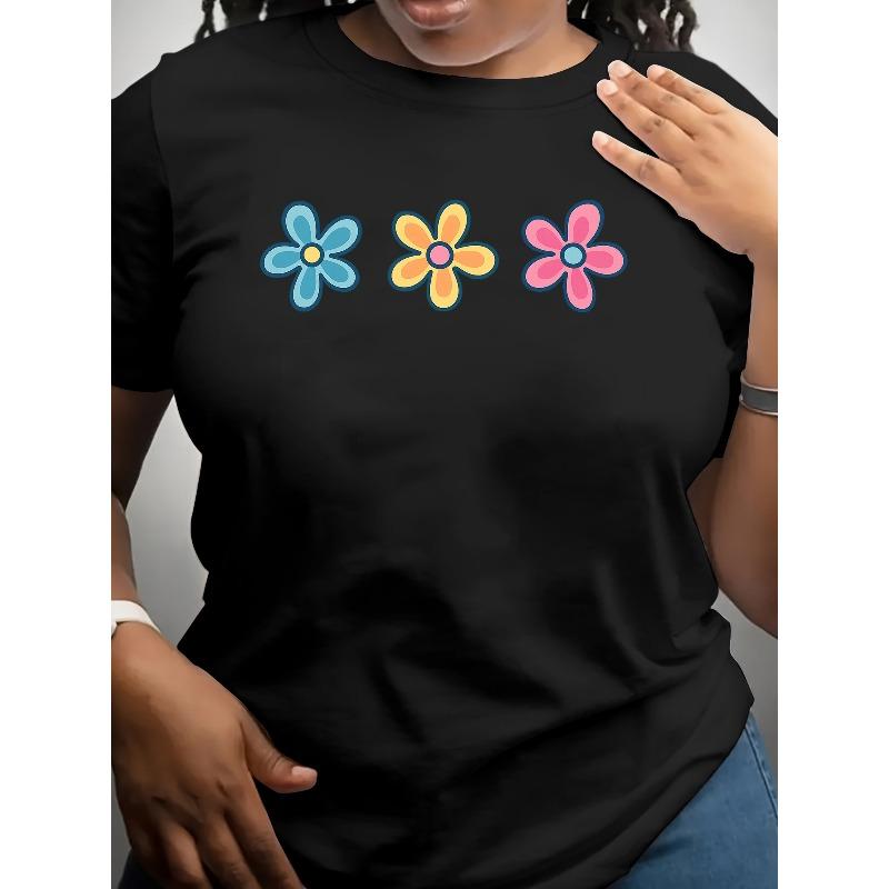 

Женская Милая Футболка с Мультяшным Цветочным Принтом Круглый Вырез Короткий Рукав Обычная Посадка Весна Лето Осень Повседневный Домашний Повседневный Топ S чёрный