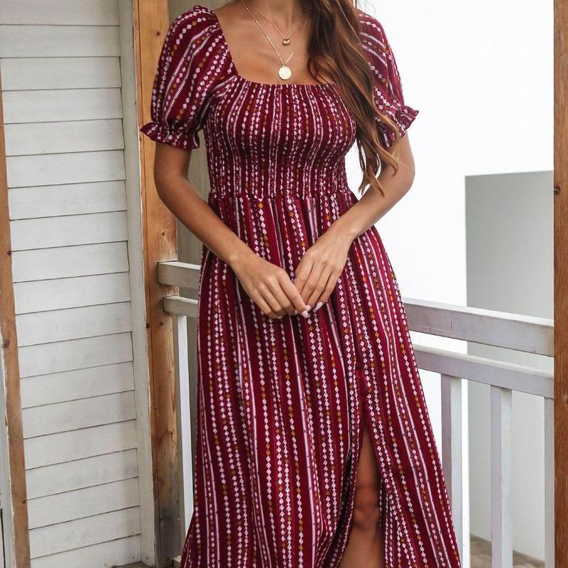 

Модное летнее платье с пышными рукавами и принтом, вечернее повседневное длинное платье с высоким разрезом и талией, солнцезащитное платье M вино красного