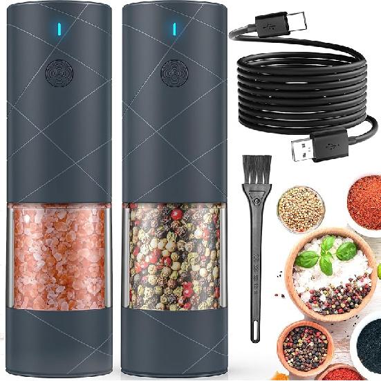 2Pack Electric Salt and Pepper Grinder Set USB Rechargeable with Warm LED Light, Adjustable Coarseness Lidaop Large Capacity Automatic Salt Pepper