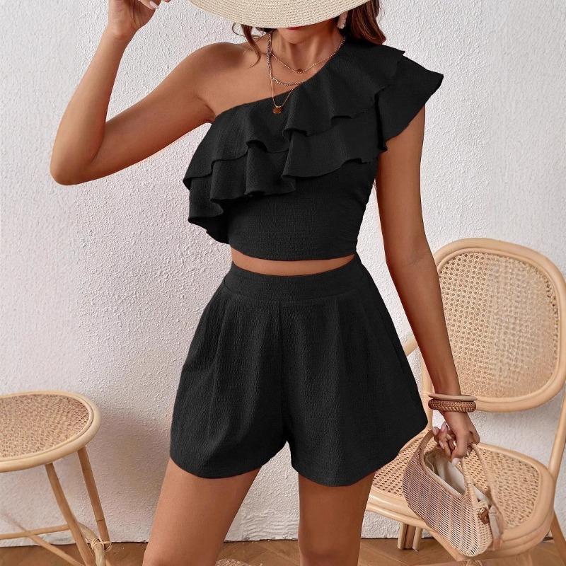 

Women 2 Piece One Shoulder Ruffle Top And Shorts Set Casual Summer Outfit S чорний