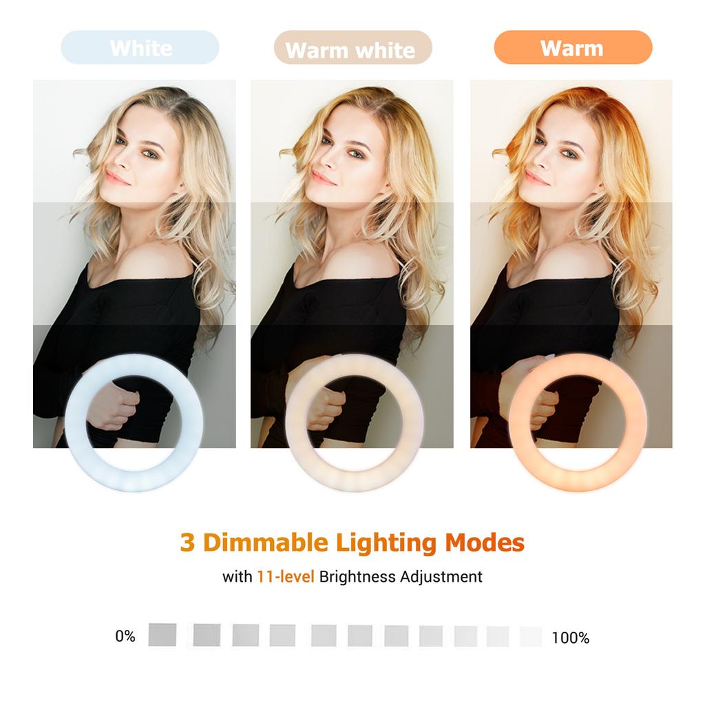 6.3 Inch 2700K-5500K Selfie Ring Video Light with Clamp Mount 3 Dimmable Colors 11 Brightness