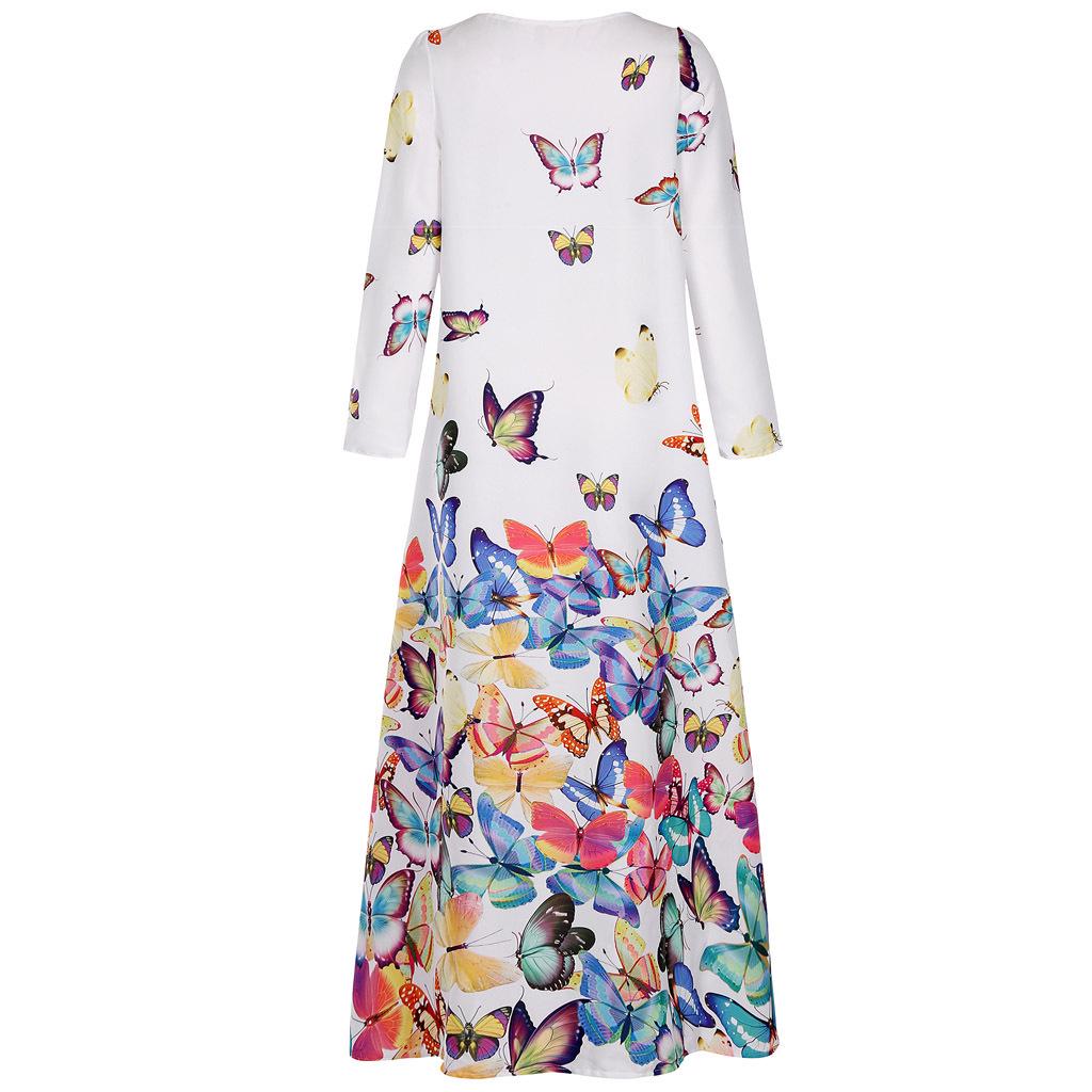 Women's V-Neck Ink Print Butterfly Dress with Pockets, Long Sleeve Summer Style